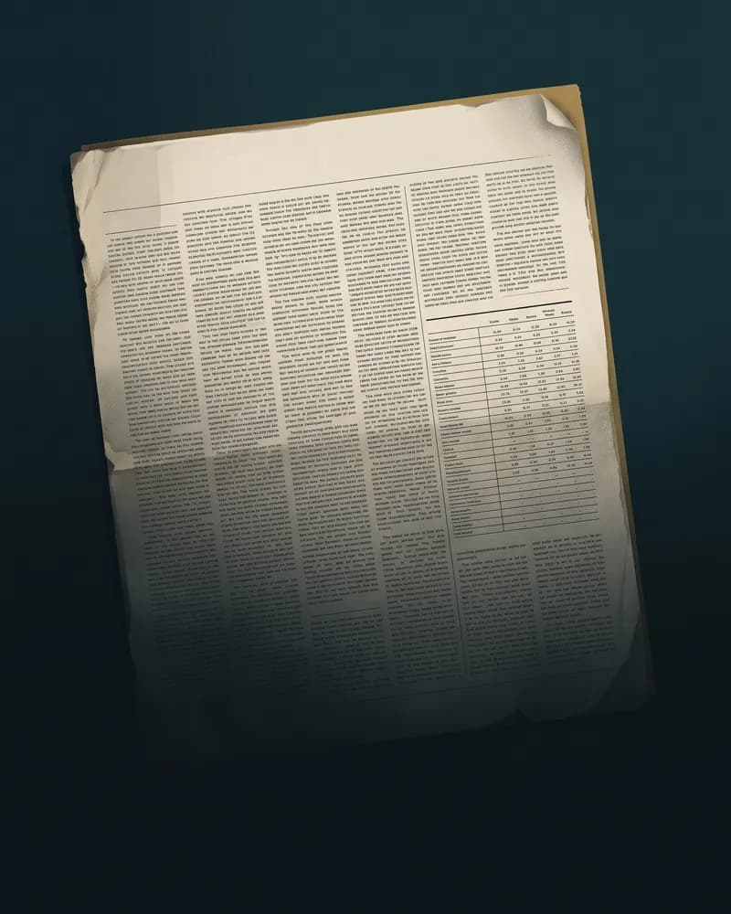 Página de jornal envelhecida, com colunas de texto e uma tabela financeira, desvanecendo na escuridão